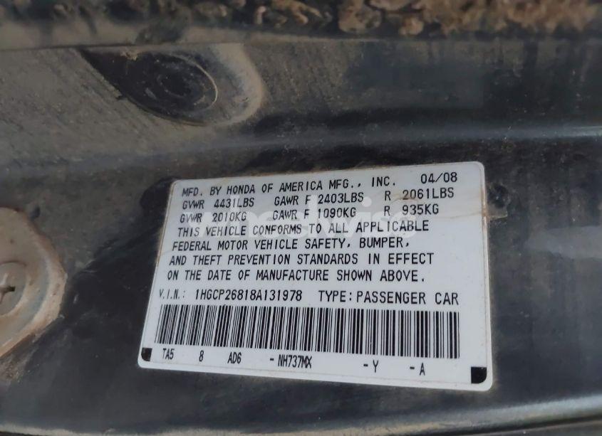 Photo 9 of 2008 Honda Accord 2.4 EX-L (VIN 1HGCP26818A131978)