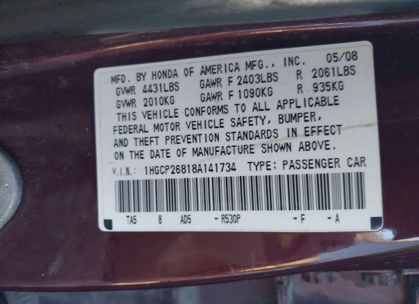 Photo 9 of 2008 Honda Accord 2.4 EX-L (VIN 1HGCP26818A141734)