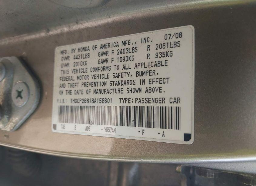 Photo 9 of 2008 Honda Accord 2.4 EX-L (VIN 1HGCP26818A158601)