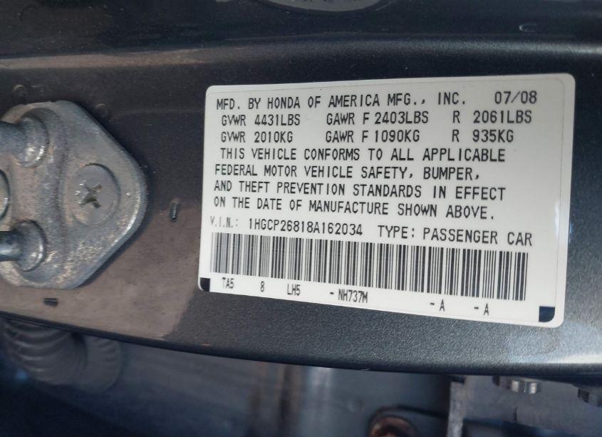 Photo 9 of 2008 Honda Accord 2.4 EX-L (VIN 1HGCP26818A162034)