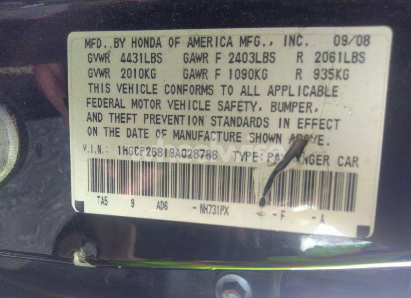 Photo 9 of 2009 Honda Accord 2.4 EX-L (VIN 1HGCP26819A028786)