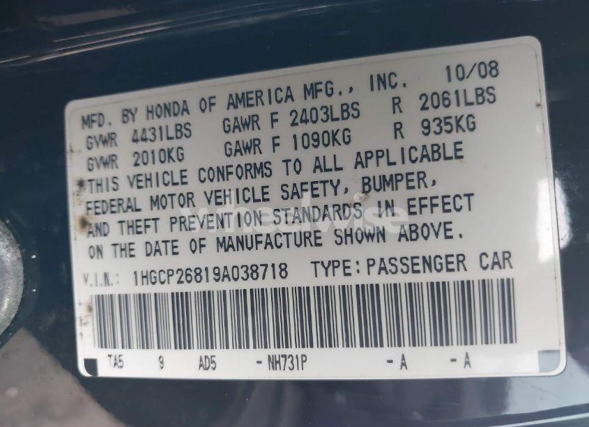 Photo 9 of 2009 Honda Accord 2.4 EX-L (VIN 1HGCP26819A038718)