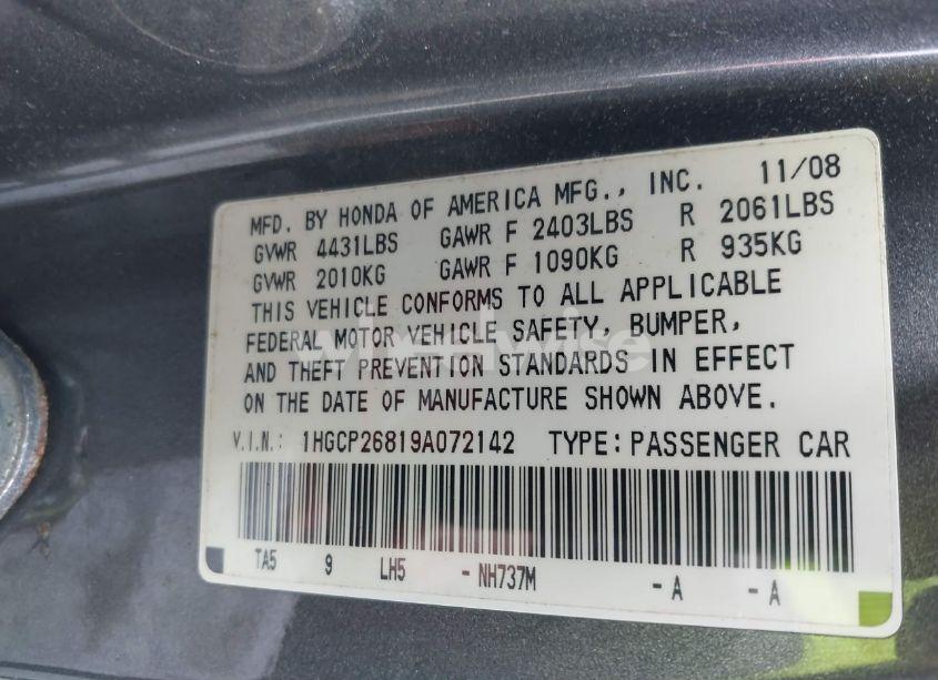 Photo 9 of 2009 Honda Accord 2.4 EX-L (VIN 1HGCP26819A072142)