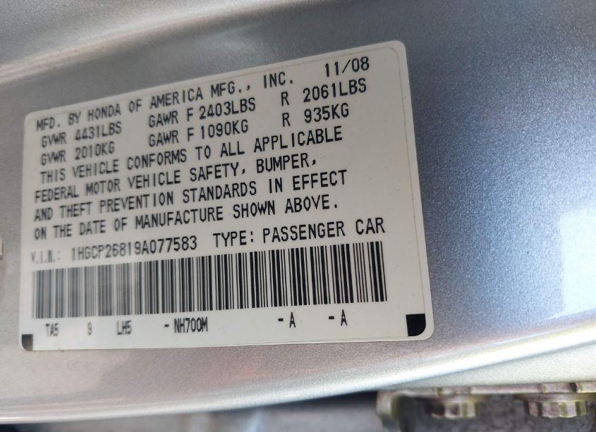 Photo 9 of 2009 Honda Accord 2.4 EX-L (VIN 1HGCP26819A077583)