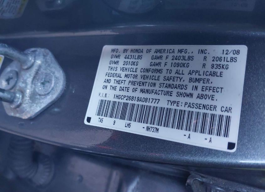 Photo 9 of 2009 Honda Accord 2.4 EX-L (VIN 1HGCP26819A081777)