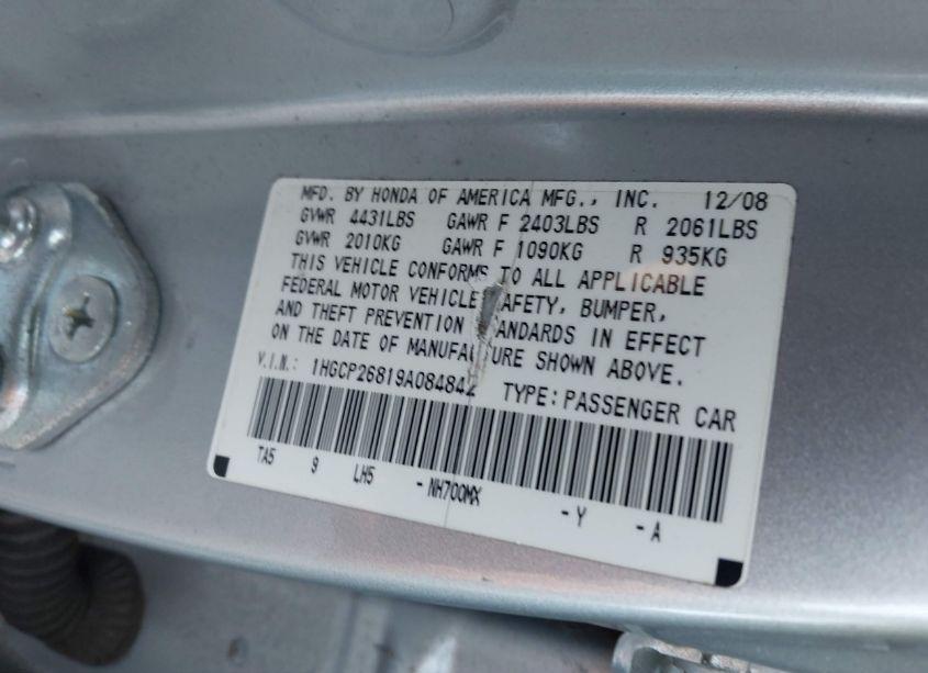 Photo 9 of 2009 Honda Accord 2.4 EX-L (VIN 1HGCP26819A084842)