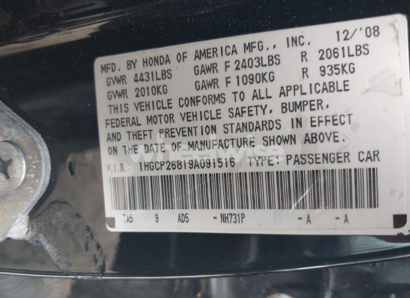 Photo 9 of 2009 Honda Accord 2.4 EX-L (VIN 1HGCP26819A091516)