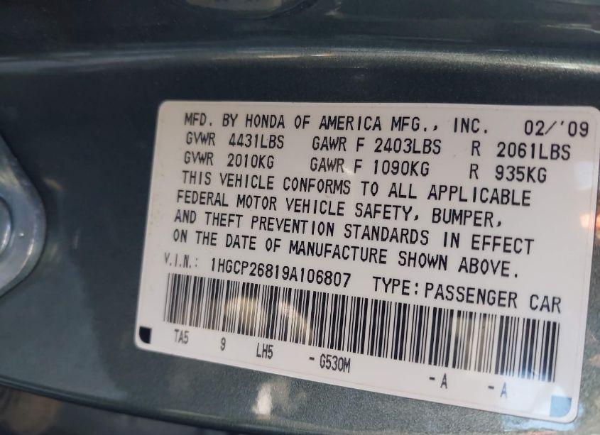 Photo 9 of 2009 Honda Accord 2.4 EX-L (VIN 1HGCP26819A106807)