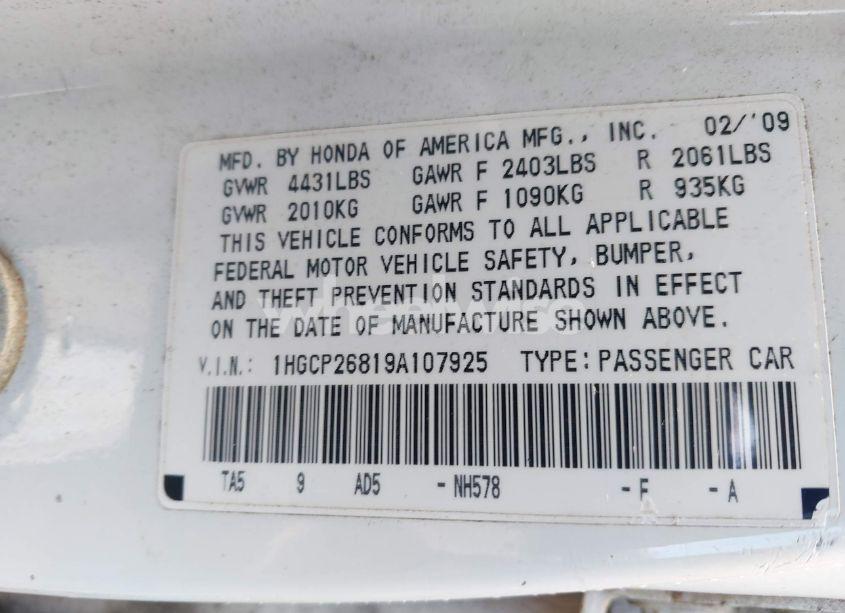 Photo 9 of 2009 Honda Accord 2.4 EX-L (VIN 1HGCP26819A107925)