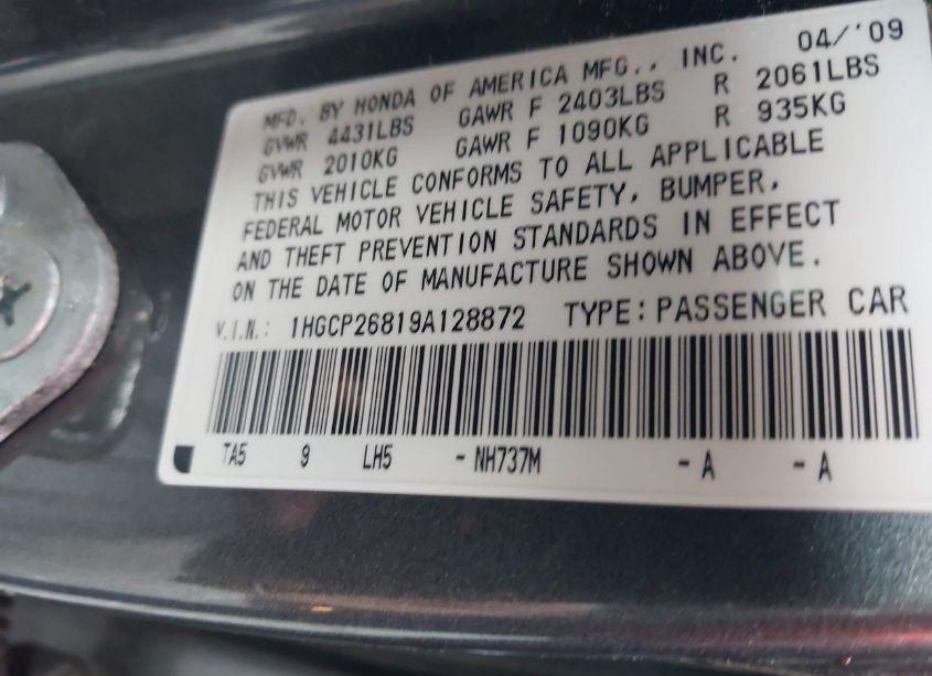 Photo 9 of 2009 Honda Accord 2.4 EX-L (VIN 1HGCP26819A128872)