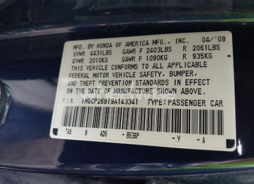 Photo 9 of 2009 Honda Accord 2.4 EX-L (VIN 1HGCP26819A143341)