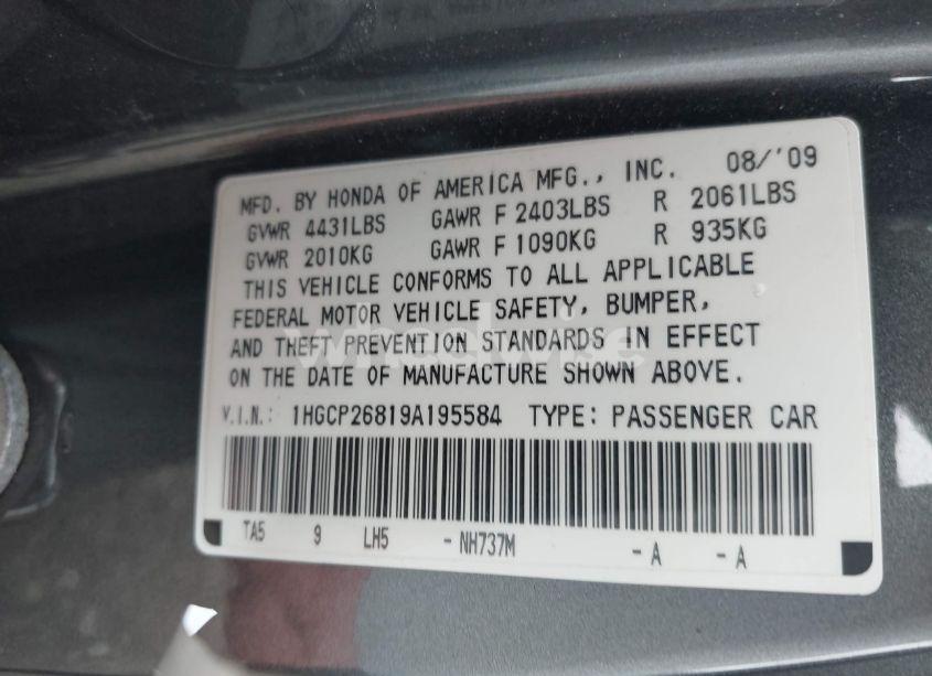 Photo 9 of 2009 Honda Accord 2.4 EX-L (VIN 1HGCP26819A195584)