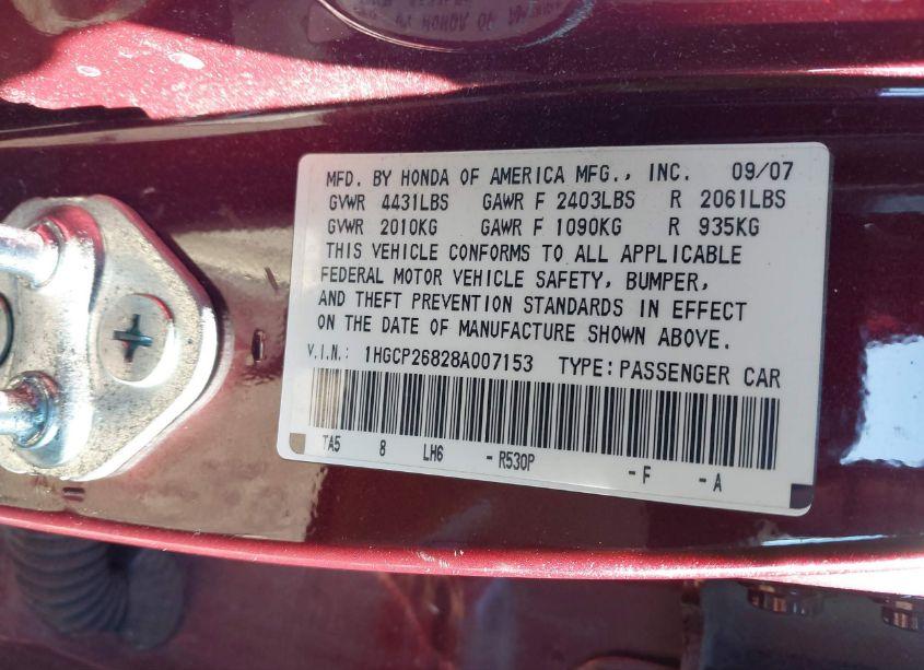 Photo 9 of 2008 Honda Accord 2.4 EX-L (VIN 1HGCP26828A007153)