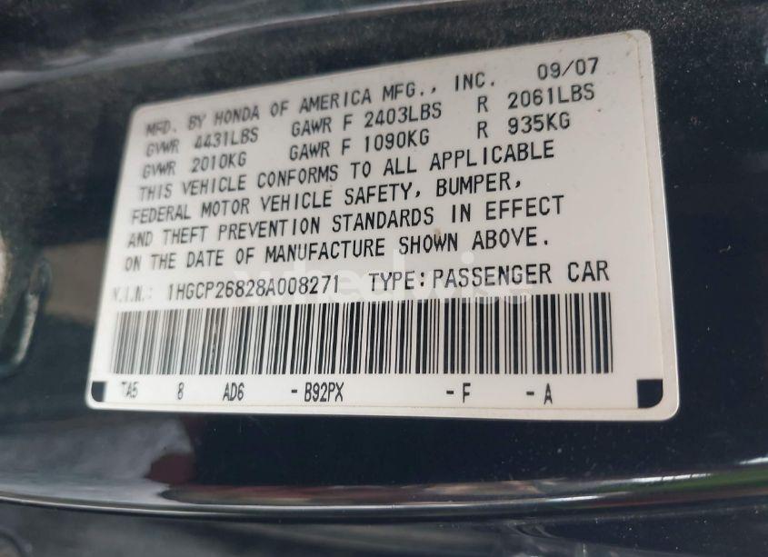 Photo 9 of 2008 Honda Accord 2.4 EX-L (VIN 1HGCP26828A008271)