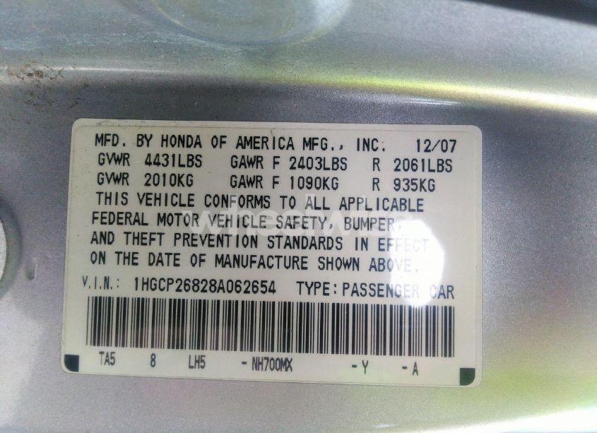 Photo 9 of 2008 Honda Accord 2.4 EX-L (VIN 1HGCP26828A062654)