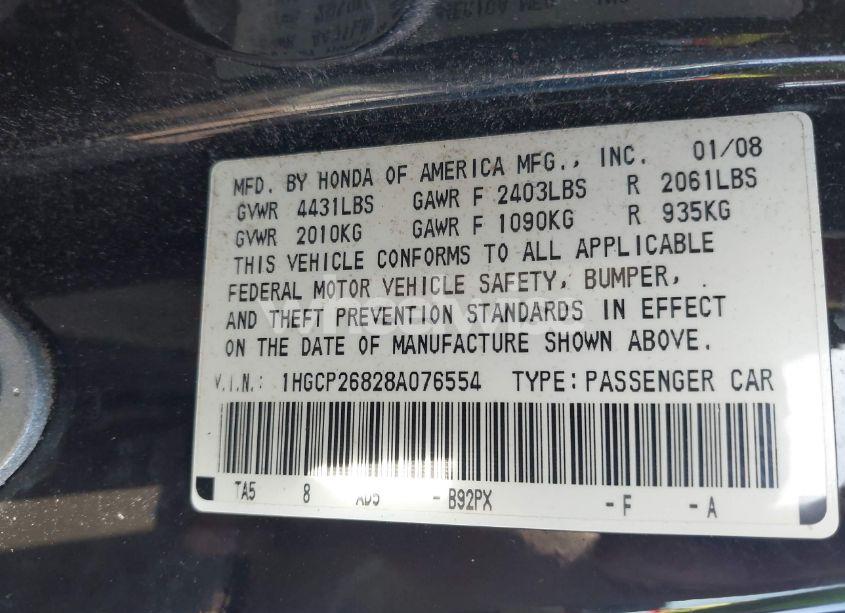 Photo 9 of 2008 Honda Accord 2.4 EX-L (VIN 1HGCP26828A076554)