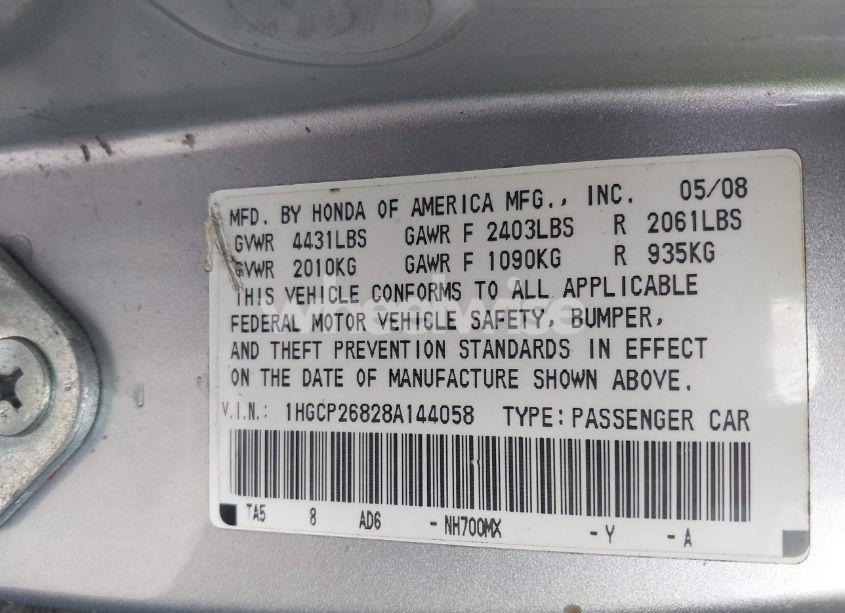 Photo 9 of 2008 Honda Accord 2.4 EX-L (VIN 1HGCP26828A144058)