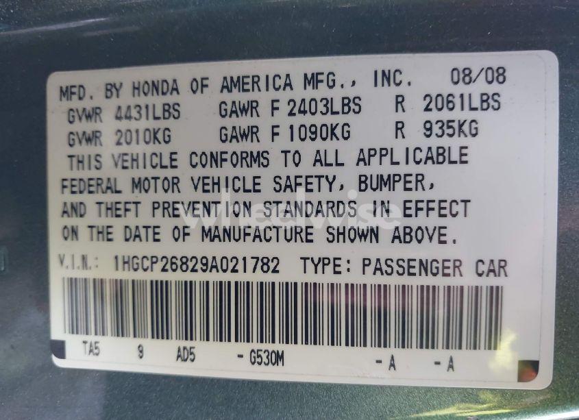 Photo 9 of 2009 Honda Accord 2.4 EX-L (VIN 1HGCP26829A021782)