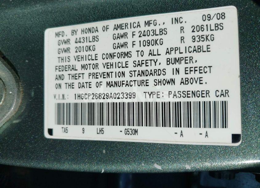 Photo 9 of 2009 Honda Accord 2.4 EX-L (VIN 1HGCP26829A023399)