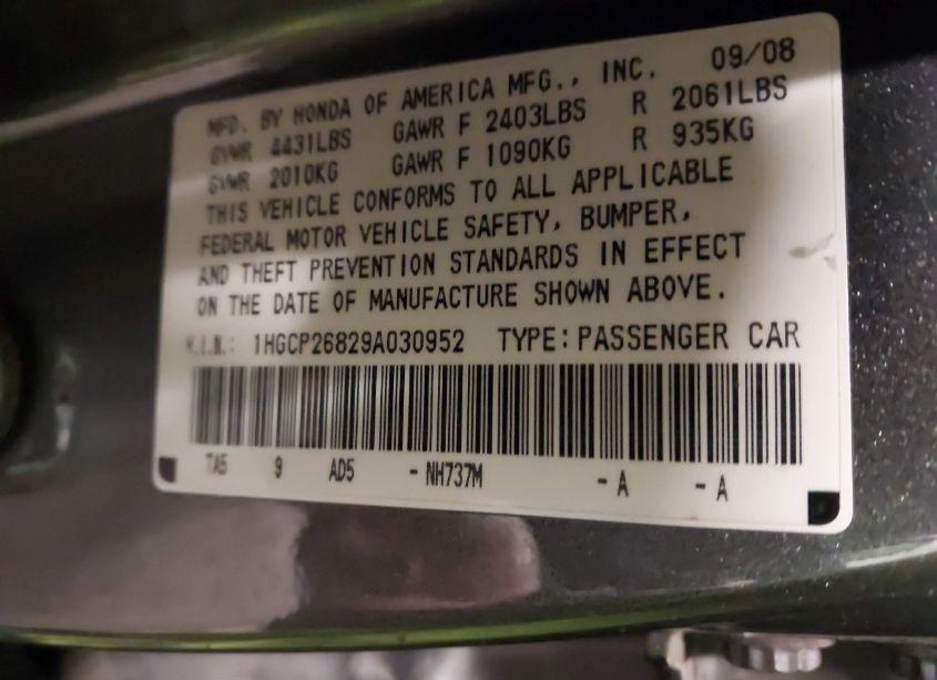 Photo 9 of 2009 Honda Accord 2.4 EX-L (VIN 1HGCP26829A030952)