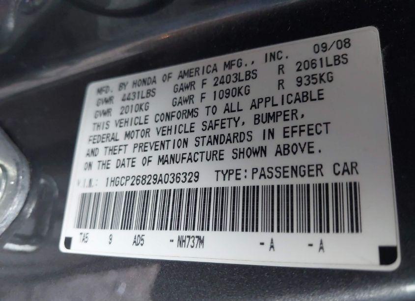 Photo 9 of 2009 Honda Accord 2.4 EX-L (VIN 1HGCP26829A036329)