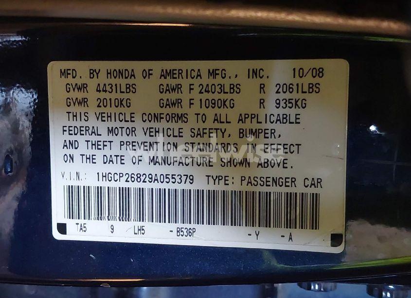 Photo 9 of 2009 Honda Accord 2.4 EX-L (VIN 1HGCP26829A055379)