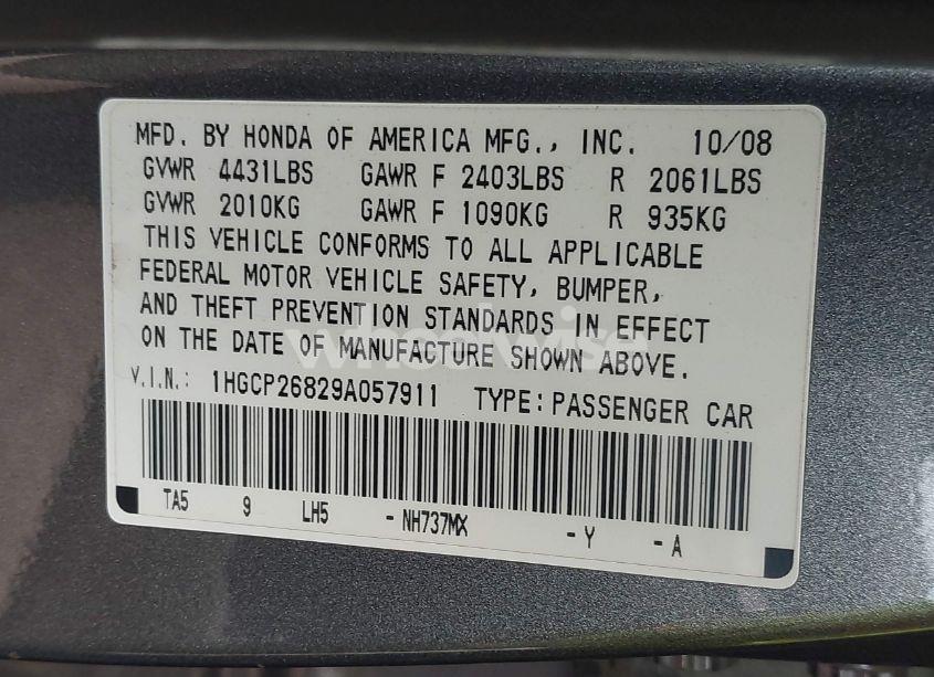Photo 9 of 2009 Honda Accord 2.4 EX-L (VIN 1HGCP26829A057911)