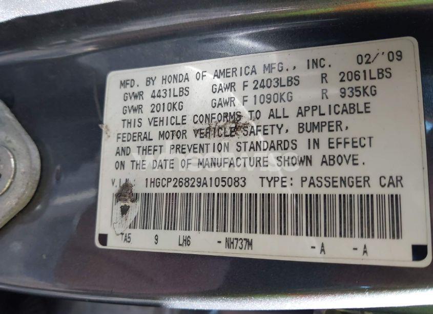 Photo 9 of 2009 Honda Accord 2.4 EX-L (VIN 1HGCP26829A105083)