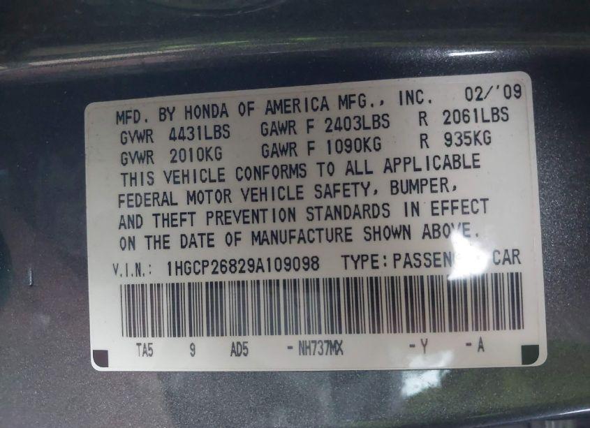 Photo 9 of 2009 Honda Accord 2.4 EX-L (VIN 1HGCP26829A109098)
