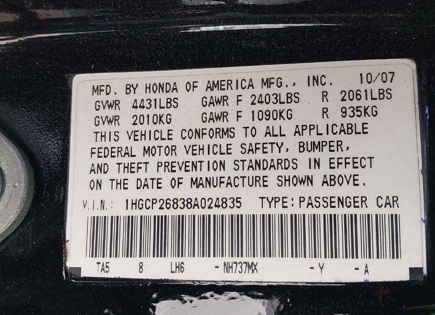 Photo 9 of 2008 Honda Accord 2.4 EX-L (VIN 1HGCP26838A024835)