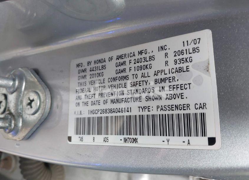 Photo 9 of 2008 Honda Accord 2.4 EX-L (VIN 1HGCP26838A046141)
