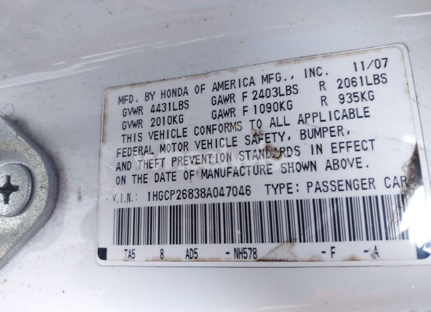 Photo 9 of 2008 Honda Accord 2.4 EX-L (VIN 1HGCP26838A047046)