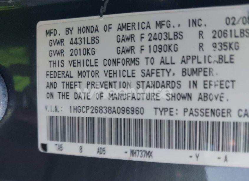 Photo 9 of 2008 Honda Accord 2.4 EX-L (VIN 1HGCP26838A096960)