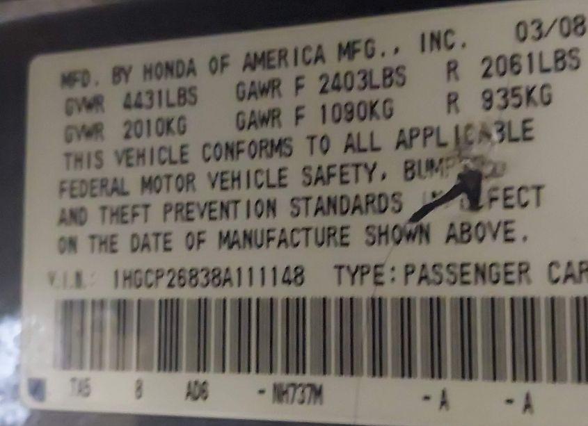 Photo 9 of 2008 Honda Accord 2.4 EX-L (VIN 1HGCP26838A111148)