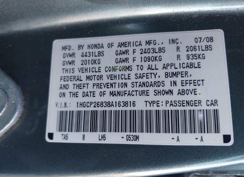Photo 9 of 2008 Honda Accord 2.4 EX-L (VIN 1HGCP26838A163816)