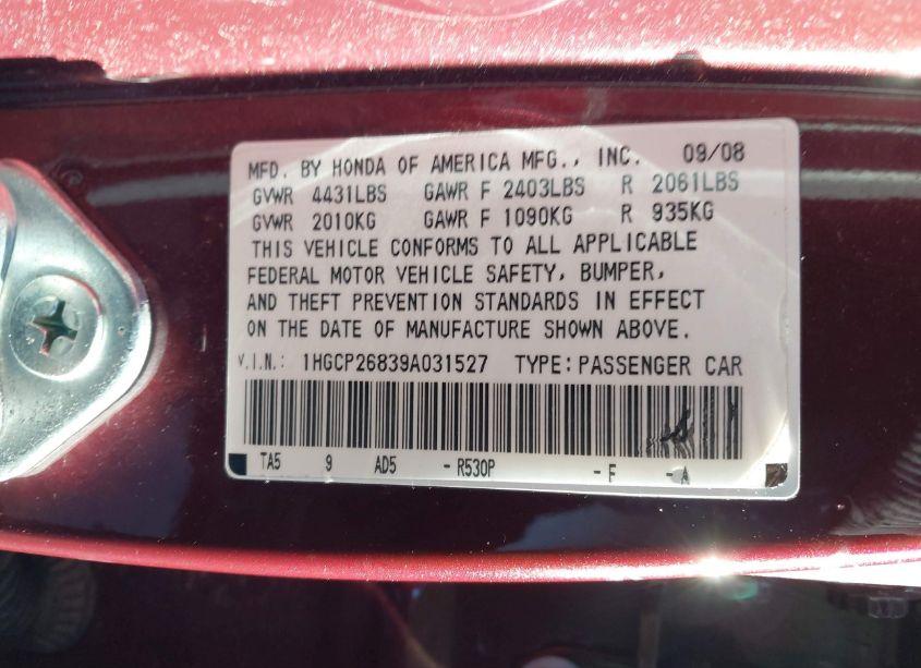 Photo 9 of 2009 Honda Accord 2.4 EX-L (VIN 1HGCP26839A031527)