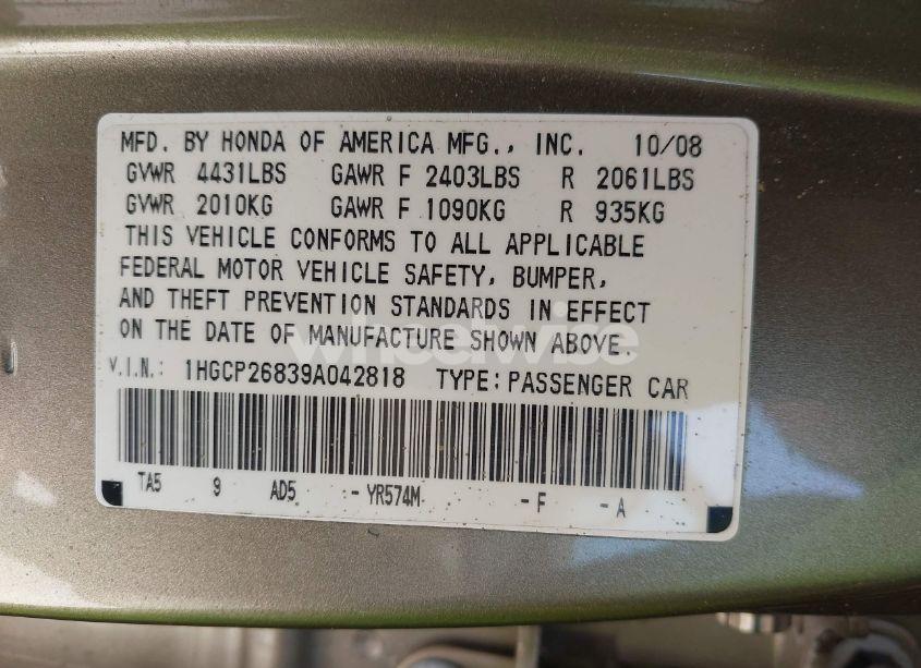 Photo 9 of 2009 Honda Accord 2.4 EX-L (VIN 1HGCP26839A042818)