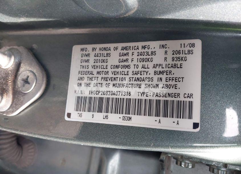 Photo 9 of 2009 Honda Accord 2.4 EX-L (VIN 1HGCP26839A071316)