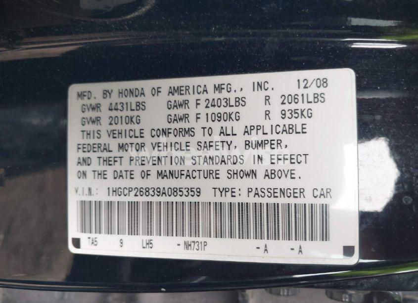 Photo 9 of 2009 Honda Accord 2.4 EX-L (VIN 1HGCP26839A085359)