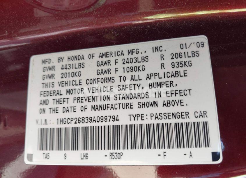 Photo 9 of 2009 Honda Accord 2.4 EX-L (VIN 1HGCP26839A099794)