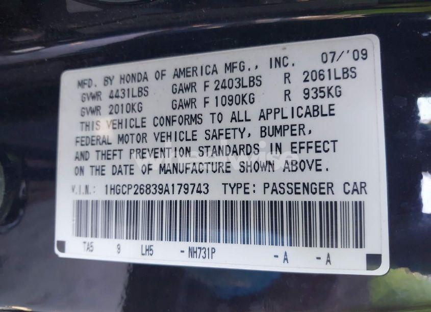 Photo 9 of 2009 Honda Accord 2.4 EX-L (VIN 1HGCP26839A179743)