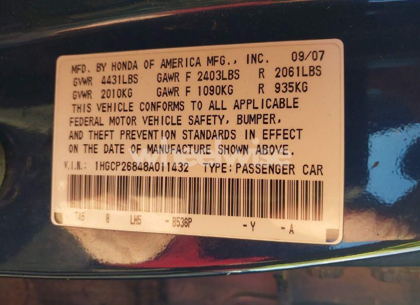 Photo 9 of 2008 Honda Accord 2.4 EX-L (VIN 1HGCP26848A011432)