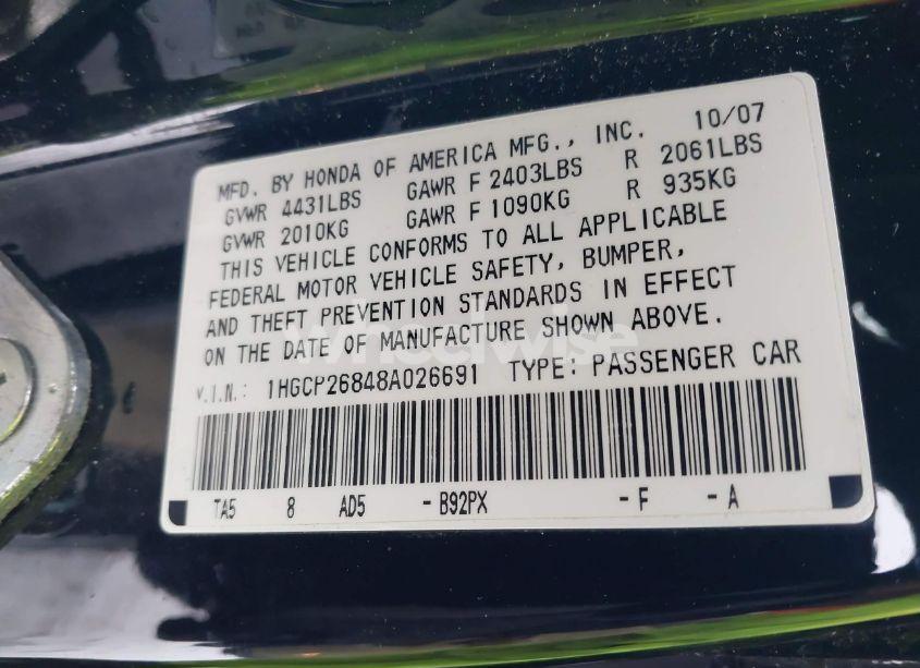 Photo 9 of 2008 Honda Accord 2.4 EX-L (VIN 1HGCP26848A026691)