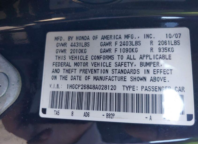 Photo 9 of 2008 Honda Accord 2.4 EX-L (VIN 1HGCP26848A028120)