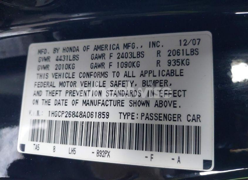 Photo 9 of 2008 Honda Accord 2.4 EX-L (VIN 1HGCP26848A061859)