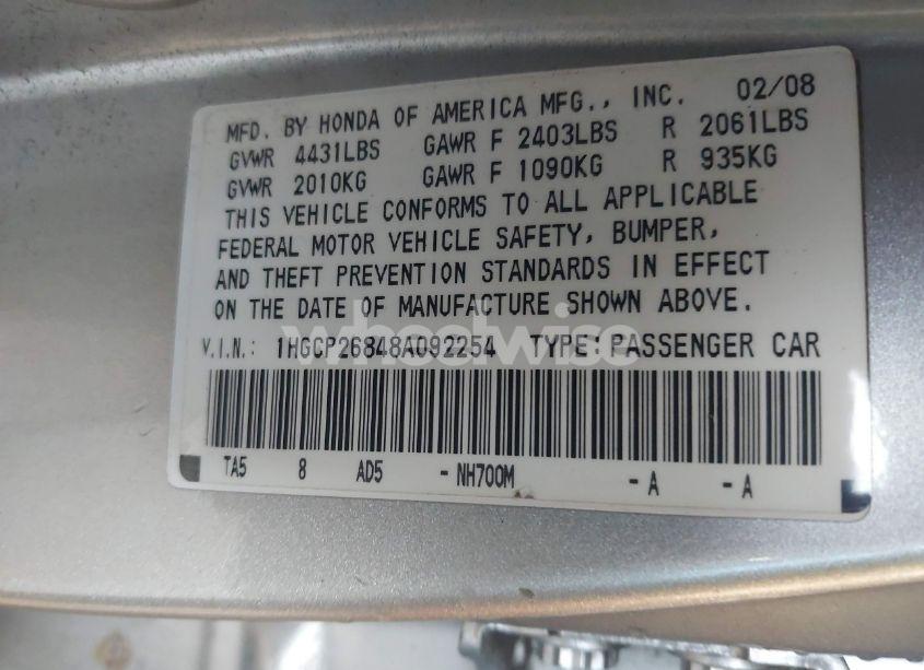 Photo 9 of 2008 Honda Accord 2.4 EX-L (VIN 1HGCP26848A092254)