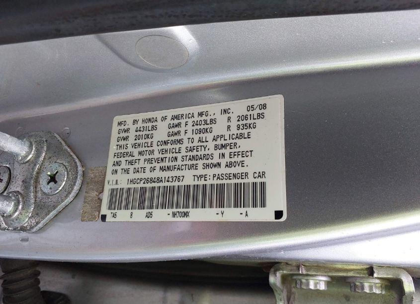 Photo 9 of 2008 Honda Accord 2.4 EX-L (VIN 1HGCP26848A143767)