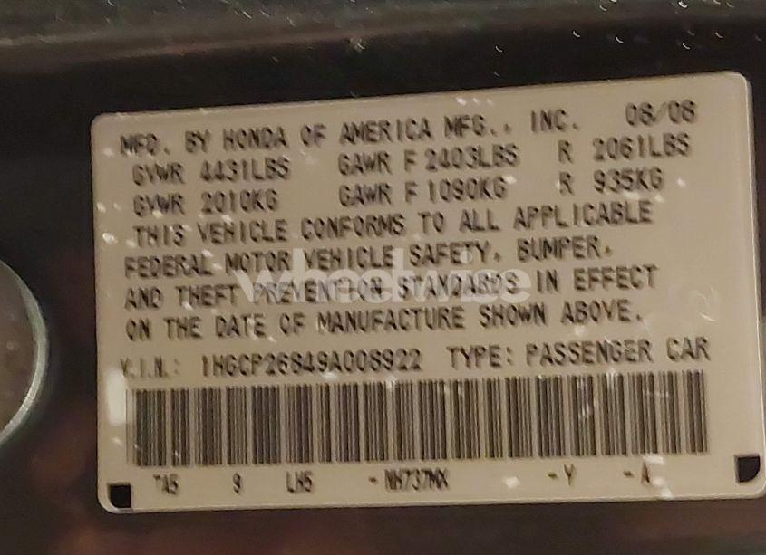 Photo 9 of 2009 Honda Accord 2.4 EX-L (VIN 1HGCP26849A008922)