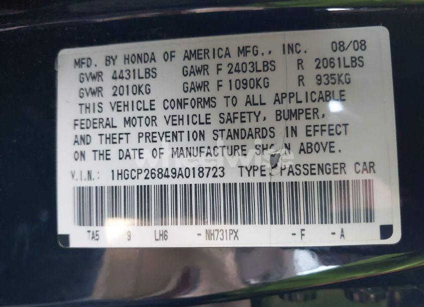 Photo 9 of 2009 Honda Accord 2.4 EX-L (VIN 1HGCP26849A018723)