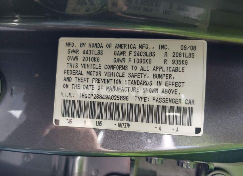 Photo 9 of 2009 Honda Accord 2.4 EX-L (VIN 1HGCP26849A025896)